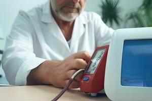 anziano maschio medico misurazione sangue pressione di paziente con digitale sangue pressione tenere sotto controllo, sangue pressione tenere sotto controllo nel il medico ufficio. il medico monitoraggio sangue pressione, ai generato foto