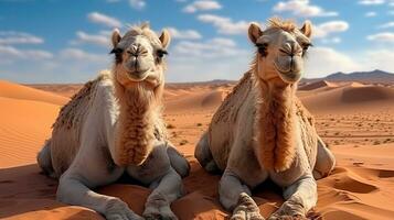 calma in mezzo il dune. Due cammelli a alleviare nel il deserto sabbie foto