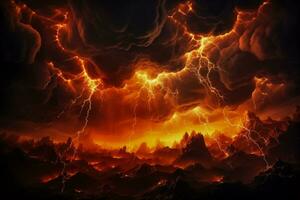ardente fulmine scioperi sotto tempestoso infernale cieli sfondo con vuoto spazio per testo foto
