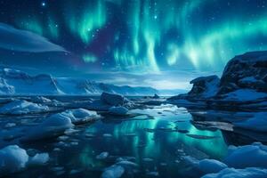 ghiacciato artico vista sotto vivace settentrionale luci sfondo con vuoto spazio per testo foto
