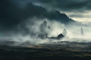etereo nebbia coperte un Ingiustamente desolato ancora stranamente sereno purgatorio paesaggio foto
