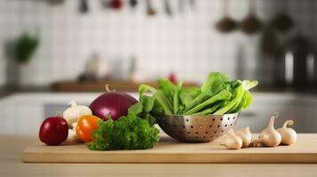 fresco verdure su di legno tavolo al di sopra di sfocato cucina contatore interno. generativo ai foto