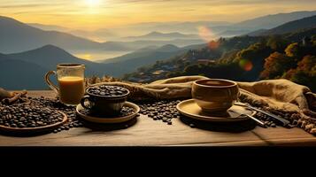 mattina infuso con un' Visualizza, caffè tazze e caffè fagioli in mezzo montagna maestà. generativo ai foto