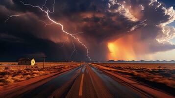 temporale e fulmine al di sopra di abbandonato strada nel il deserto. generativo ai foto