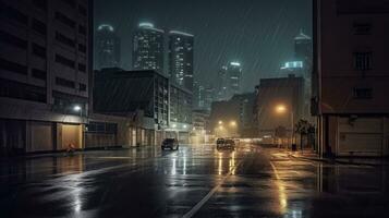 un' piovoso di notte Visualizza di il urbano orizzonte. generativo ai foto