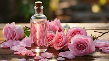 rosa rosa fiore e bicchiere di bottiglia essenziale olio o rosa acqua con rosa petali, terme e aromaterapia cosmetico concetto foto