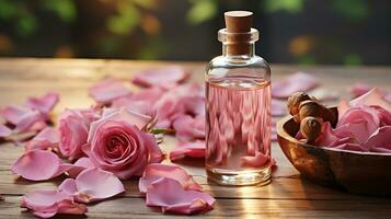 rosa rosa fiore e bicchiere di bottiglia essenziale olio o rosa acqua con rosa petali, terme e aromaterapia cosmetico concetto foto