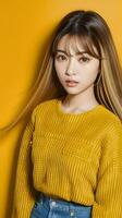 un' bellissimo giovane donna nel un' giallo maglione foto