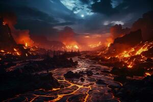 lava flussi Ignite notte cielo nel feroce apocalittico vulcanico paesaggio foto