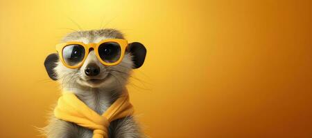 creativo animale concetto.a meerkat indossare occhiali da sole su un arancia sfondo, digitale arte, sfaccettato, copia spazio. generativo ai foto