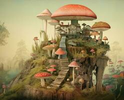capriccioso bosco, torreggiante funghi e minuscolo dimore. fantasia foresta altezza, miniatura case nel gigante funghi foto