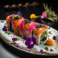 squisito giapponese fusione Sushi, rotoli, caviale, e fiori foto