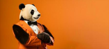 ritratto di un' panda indossare bicchieri e un' vestito.copia spazio. generativo ai foto