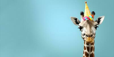 creativo animale concetto. un' giraffa indossare un' festa cappello su un' blu sfondo , digitale arte, sfaccettato, copia spazio. generativo ai foto