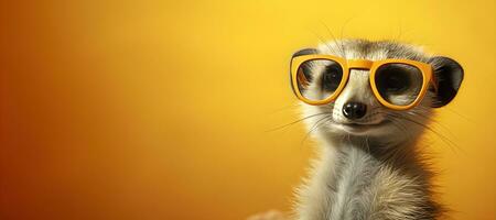 creativo animale concetto.a meerkat indossare occhiali da sole su un arancia sfondo, digitale arte, sfaccettato, copia spazio. generativo ai foto