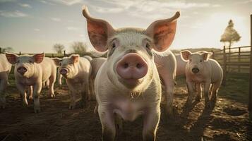 ritratto maiale nel il azienda agricola con leggero esposizione ai generativo foto