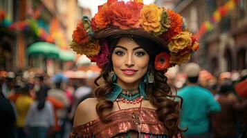 bellissimo donna con costume nel il carnevale ai generativo foto