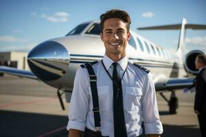 un' pilota uomo ritratto con aereo su il sfondo foto