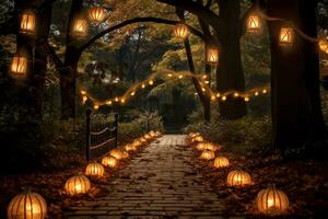 un' sentiero con lanterne e zucche nel il boschi foto