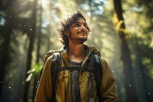 ritratto di escursionista uomo su il natura sfondo foto
