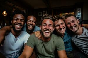 cinque uomini seduta con gioia su divano cattura famiglia e amicizia foto