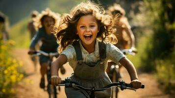 gioioso bambini energicamente imbarcarsi su un avventuroso attraversare nazione bicicletta giro foto