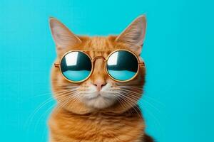 divertente Zenzero gatto indossare occhiali da sole pose per avvicinamento su ciano sfondo foto