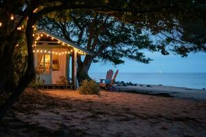 Villetta Casa per un' ristorante su il spiaggia con luminosa luci foto