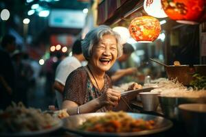 Locale femmina capocuoco felicemente cuochi a strada cibo mercato foto