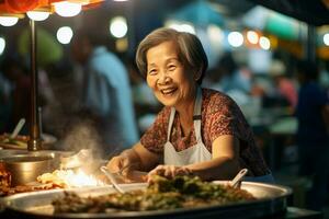 Locale femmina capocuoco felicemente cuochi a strada cibo mercato foto