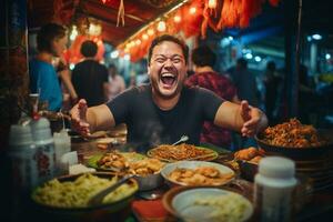 un' uomo mangiare felicemente a un' strada cibo mercato foto