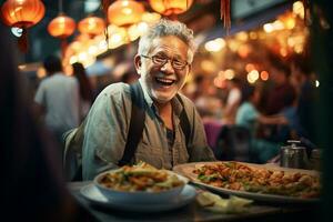 un' anziano uomo mangiare felicemente a un' strada cibo mercato foto