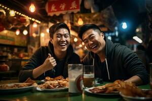 gruppo di giovane maschio amici mangiare felicemente a un' strada cibo mercato foto