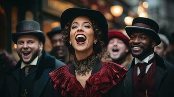 un' gruppo di carolers vestito nel vittoriano abbigliamento cantando su un' nevoso strada. foto