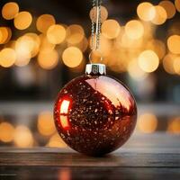 un' avvicinamento di un' Natale albero ornamento con un' sfocato sfondo di bokeh luci e grande copia spazio. foto