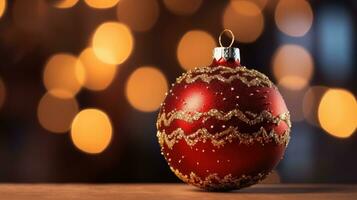 un' avvicinamento di un' Natale albero ornamento con un' sfocato sfondo di bokeh luci e grande copia spazio. foto