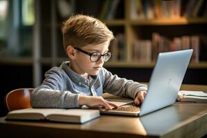 ragazzo studiando con un' il computer portatile e taccuino foto