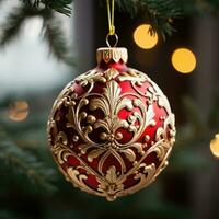 avvicinamento di un' rosso e oro Natale ornamento su un' albero foto