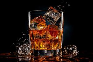 isolato su nero un' bicchiere spruzzi whisky con ghiaccio cubi foto