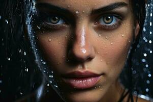 un' bagnato viso di un attraente donna vicino su con acqua gocce.ai generativo foto