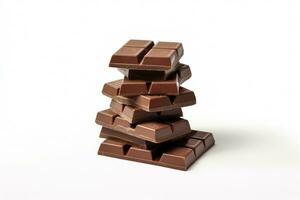 un' pila di cioccolato barre seduta su superiore di ogni altro isolato su un' bianca sfondo ai generato foto