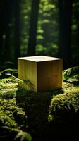 un' di legno cubo seduta su superiore di un' muschioso foresta ai generato foto