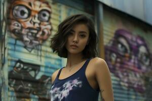 bellissimo asiatico ragazze corto capelli nel casuale attrezzatura ai generativo foto