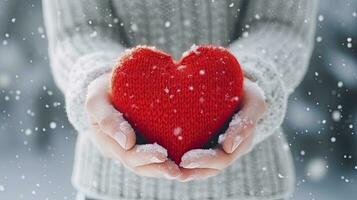 femmina mani nel guanti Tenere rosso cuore su nevoso inverno sfondo. generativo ai foto
