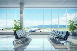 interno di aeroporto terminale con panoramico finestra e aereoplano. generativo ai foto
