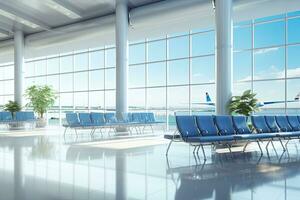 interno di aeroporto terminale con panoramico finestra e aereoplano. generativo ai foto