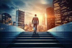 indietro Visualizza di uomo d'affari a piedi su le scale su città sfondo. carriera e successo concetto. generativo ai foto