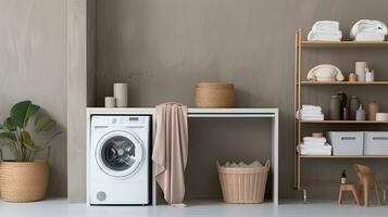 interno di moderno lavanderia camera con lavaggio macchina, cestino e asciugamani. generativo ai foto
