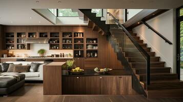 interno di moderno Casa, vivente camera con divano e di legno le scale e panoramico finestre. generativo ai foto