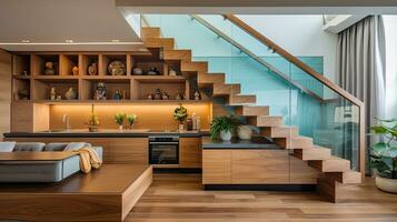 interno di moderno Casa, vivente camera con divano e di legno le scale e panoramico finestre. generativo ai foto